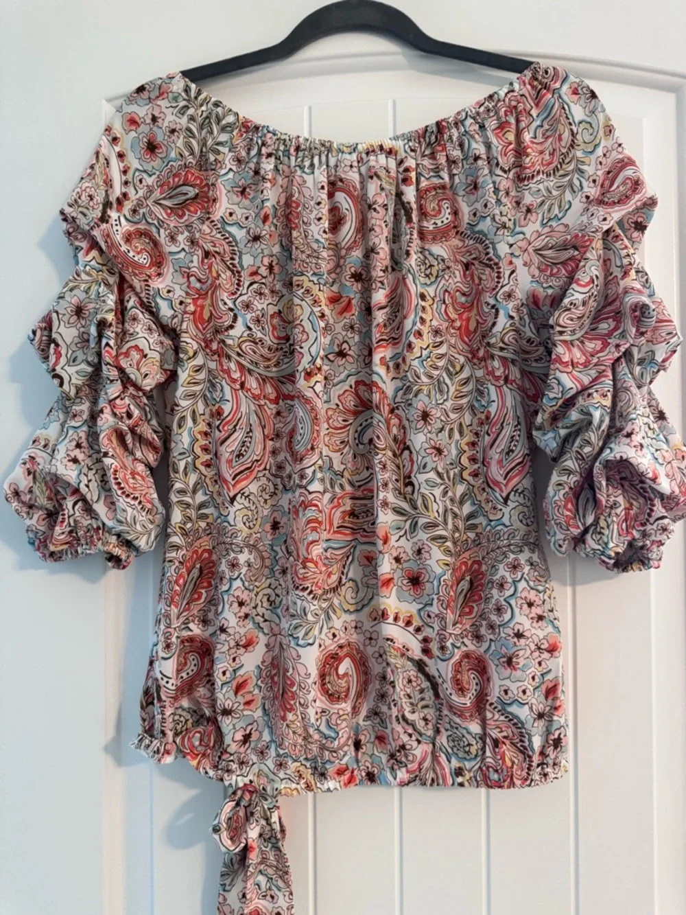 CeCe Peach Multi Paisley Off-Shoulder Tie-Front Blouse - Picture 2 of 3